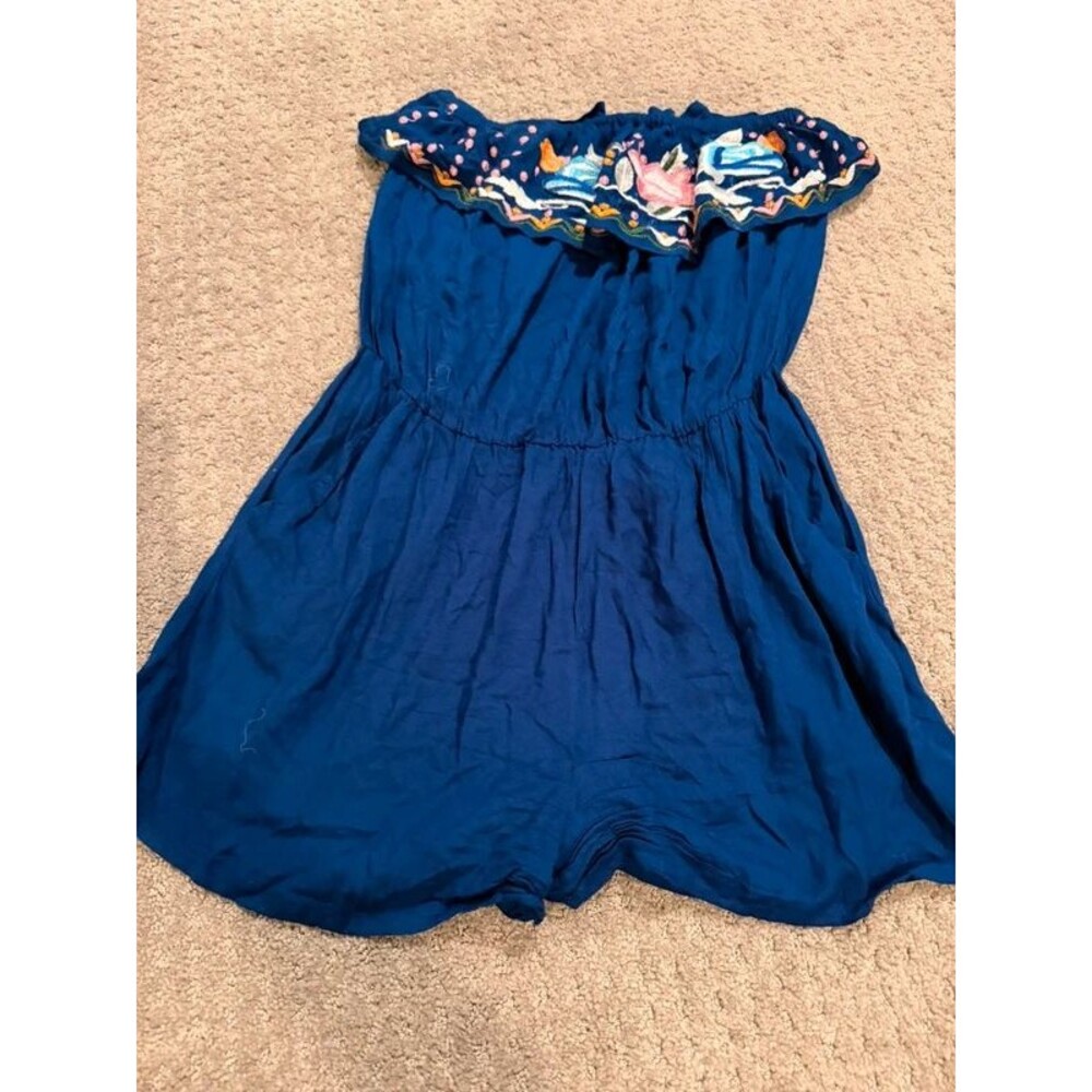 Shrinking Violet Royal Blue Embroidered Strapless Ruffle Romper Size Medium